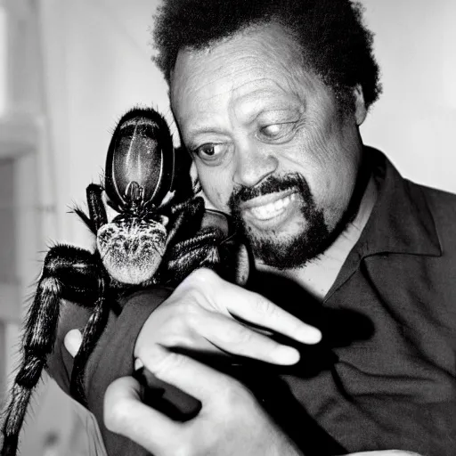 Image similar to charles mingus cradling a big hairy spider, professional photograph