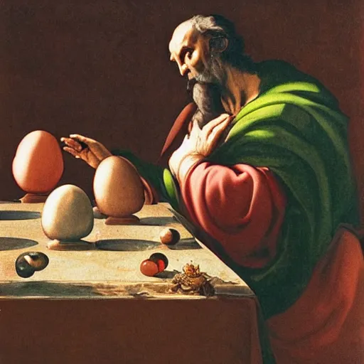 Prompt: Pensive Wizard Examining Eggs, by Michaelangelo.