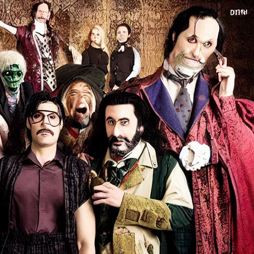 Prompt: what we do in the shadows production photos in the style of steve ditko 1 megapixel