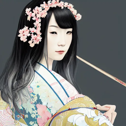 Prompt: side portrait of a young japanese woman wearing a kimono, cherry blossom crown, white hair, long hair, hair down, headshot, hyper realistic, pale skin, 4k, rule of thirds, extreme detail, detailed drawing, trending artstation, hd, fantasy, D&D, realistic lighting, by Alphonse Mucha, Greg Rutkowski, sharp focus, backlit, elegant