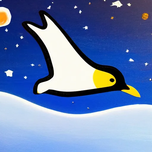 Prompt: wooden penguin flying in space, abstract
