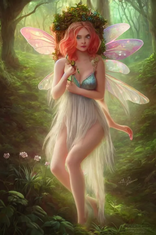 Image similar to a cute fairy in the dreamy forest, fantasy, 8 k resolution, hyper detailed, d & d, character design, digital painting, trending on artstation, sharp focus, illustration, art by artgerm, steve zheng, fuji choko, viktoria gavrilenko, hoang lap