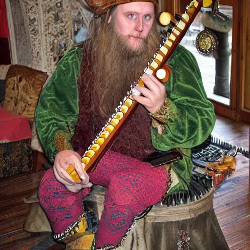 Image similar to Varg Virkenes as crazy bard, playing the nyckelharpa in his beautiful house, hyper detailed, hyper realistic, flavour of magick, full of earthly colours with some neon accents