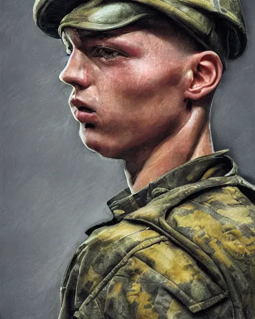 Prompt: portrait of a heroic young ukrainian soldier, art by denys tsiperko and bogdan rezunenko, hyperrealism