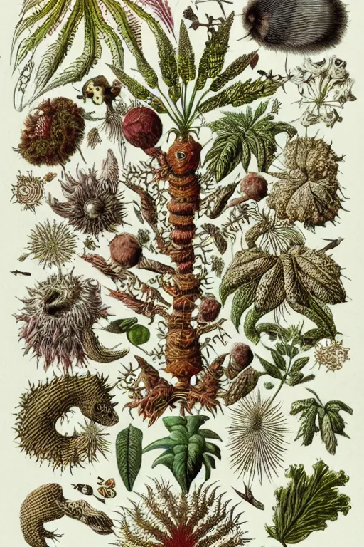 Image similar to an extremely high quality hd, a drawing of a group of plants and animals, an illustration of by earnst haeckel, deviantart, folk art, photoillustration, repeating pattern, woodcut, 8 k, ultra realistic, very realistic