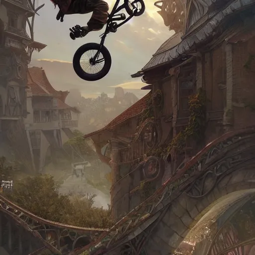 Prompt: A radical BMX jump D&D, fantasy, intricate, elegant, highly detailed, digital painting, artstation, concept art, matte, sharp focus, illustration, art by Artgerm and Greg Rutkowski and Alphonse Mucha