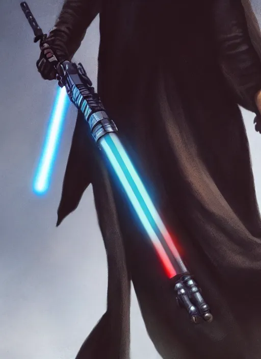 Image similar to close - up of a jedi holding a lightsaber, keanu reeves, greg rutkowski, 8 k, shallow depth of field, intricate detail, concept art,