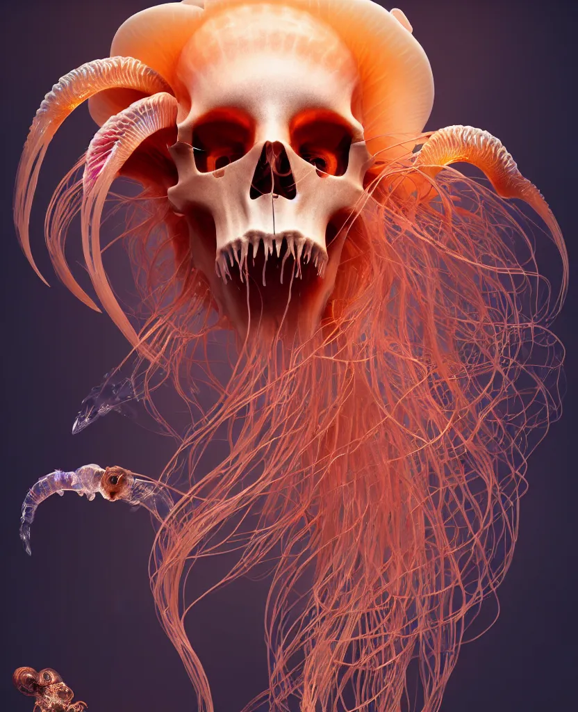 Image similar to goddess close-up portrait ram skull. jellyfish phoenix head, nautilus, orchid, skull, betta fish, bioluminiscent creatures, intricate artwork by Tooth Wu and wlop and beeple. octane render, trending on artstation, greg rutkowski very coherent symmetrical artwork. cinematic, hyper realism, high detail, octane render, 8k