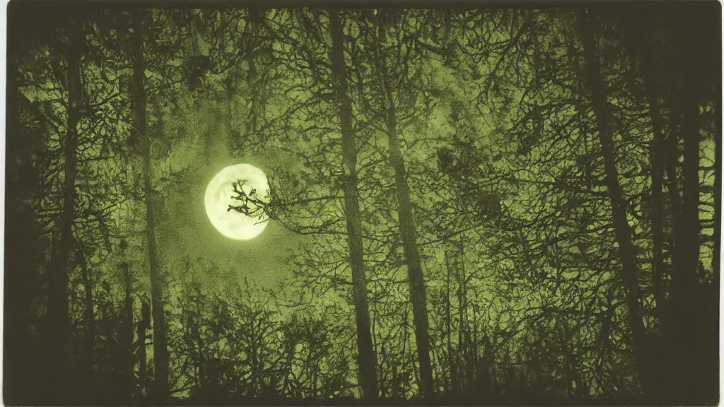 Prompt: (psychedelic) polaroid of a mystical night sky with a perfect huge moon, A glimpse through a small gap in the dark green foliage and overgrowth and the trees of the huge gibbous moon in a dark sky, wreathed in red smoke!!, starlight, night-time, dark enclosed, cozy, quiet forest night scene, spangled