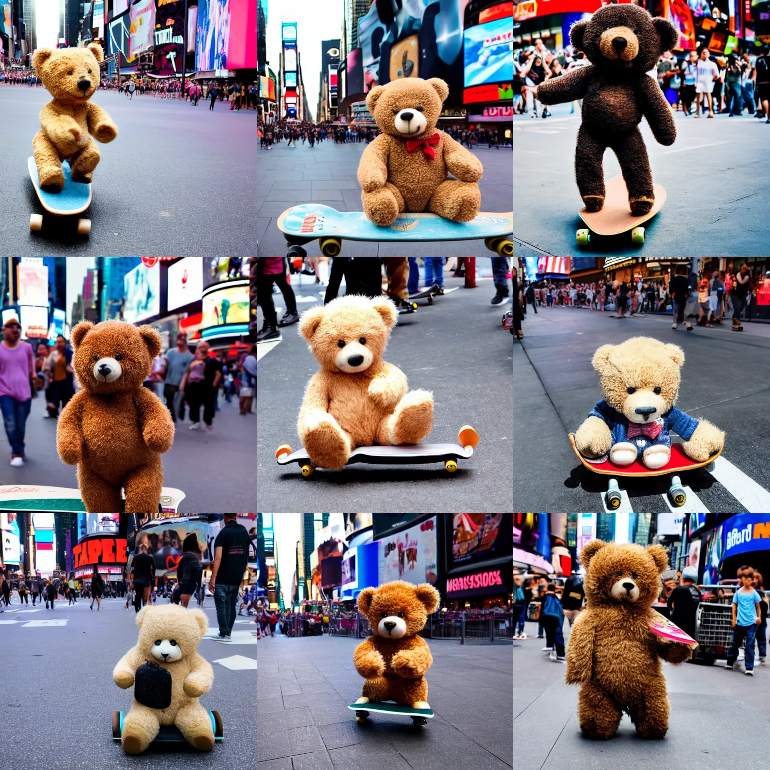 Prompt: a small teddy bear on a skateboard in times square