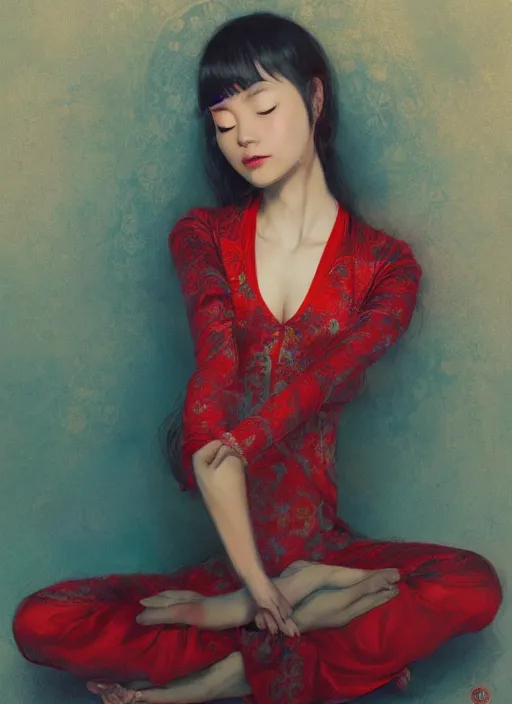 Prompt: girl, asian, meditating in lotus position, teal and red suit, intricate, elegant, highly detailed, artstation, sharp focus, illustration, ruan jia, mandy jurgens, rutkowski, mucha