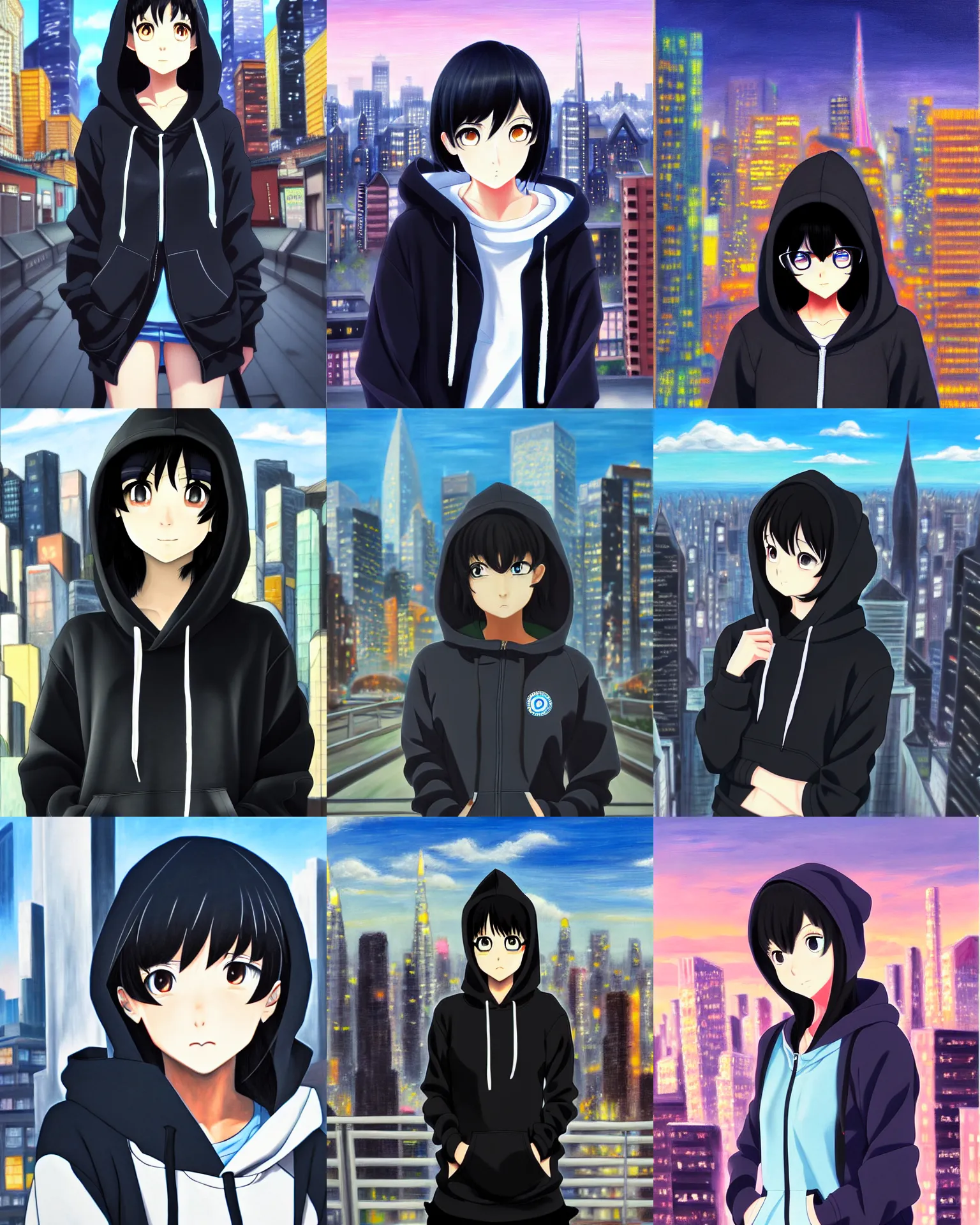 Prompt: black haired girl wearing hoodie, detailed city background, anime by shinkai makoto, oil painting