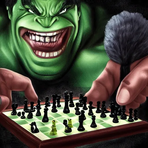 Image similar to hulk playing chess against a human, digital art