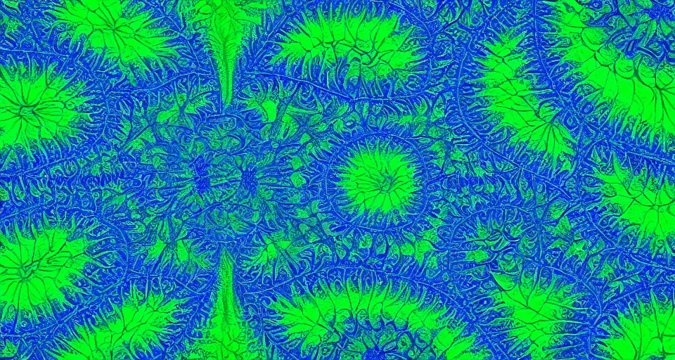 Image similar to low quality blurry cell phone footage of an abstract blue and green fractal, symmetry, dark