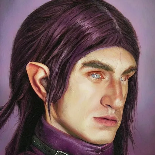 Image similar to oil painting a medieval fantasy tolkien elf, dark purplish hair tucked behind ears, wearing leather with a fur lined collar, wide face, muscular build, scar across the nose, cinematic, character art, l, detailed.