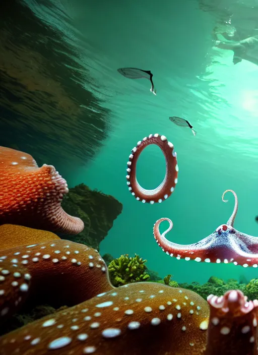 Image similar to realistic detailed image of a white-spotted octopus pointing to three dudes snorkeling at night, cinematic, hyper realism, high detail, octane render, unreal engine, 8k, extremely detailed, 8k.