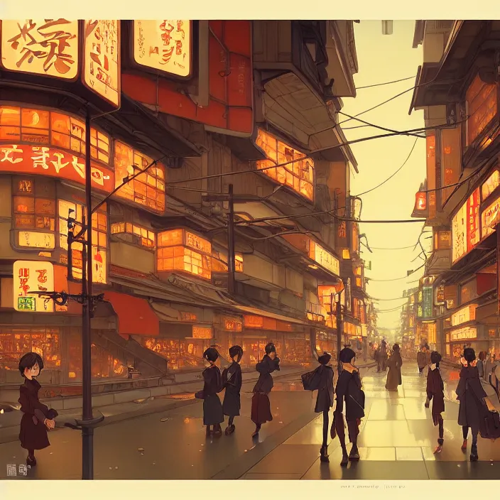 Image similar to empty tokyo, autumn, in the style of studio ghibli, j. c. leyendecker, greg rutkowski, artem