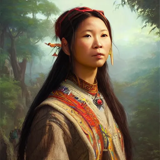 Image similar to portrait of a young pangcah people woman ( 3 5 ) from taiwan in 2 0 2 1, an oil painting by ross tran and thomas kincade