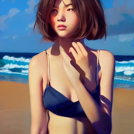 Image similar to oil painting by ilya kuvshinov,, baugh casey, artgerm craig mullins, coby whitmore, of a youthful japanese girl, long hair, fully clothed at the beach, highly detailed, breathtaking face, studio photography, noon, intense bounced light, water reflection, large tree casting shadow, serine intense sunlight in the style of zack snyder