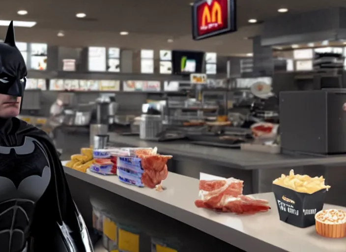 Image similar to film still of Batman working as a cashier at McDonalds in the new batman movie, 4k