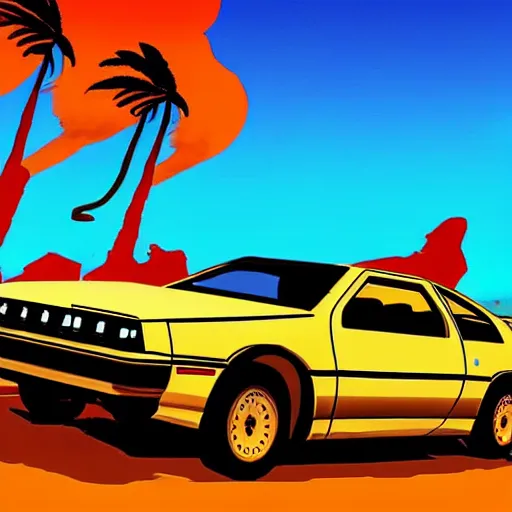 Prompt: wasteland hotline miami desert apocalypse car on fire oil leaking black liquid wasteland war destroyed wide shot landscape nuke fire craters end of the world miami beach sunset palm trees 80s delorean unreal engine style