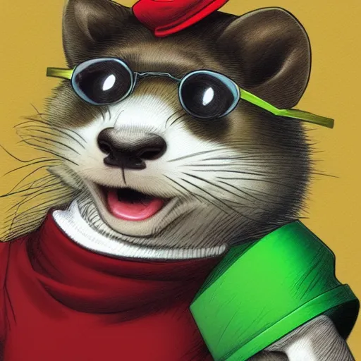 Prompt: An anthropomorphic ferret wearing a green t-shirt, wearing red glasses, wearing yellow scarf, FurAffinity