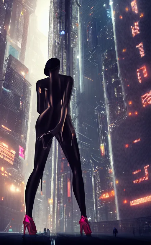 Prompt: Elegant Black woman in dress and heels with her back to us, looking at a futuristic Blade Runner city” 8K