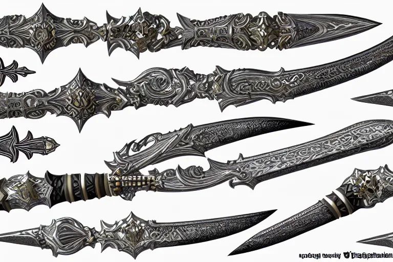 Image similar to design sheet of various ornate fantasy weapons, varied colors