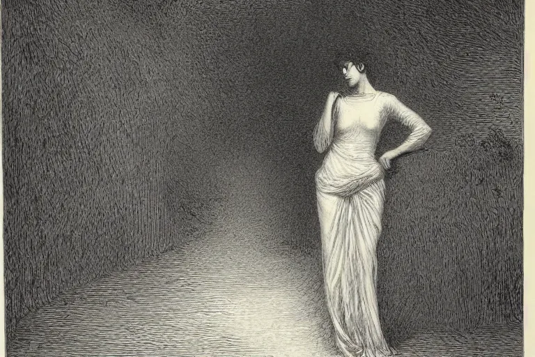 Prompt: black and white, young french woman in the night park, Gustave Dore lithography