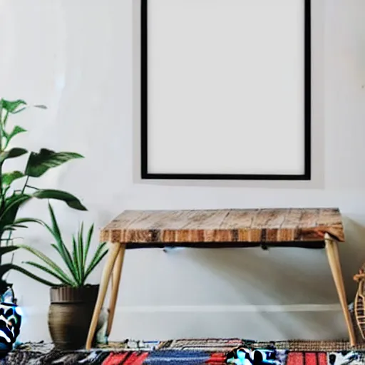 Prompt: a minimalist mockup photo with large blank frame, in a boho style studio with a white background wall, trending on etsy