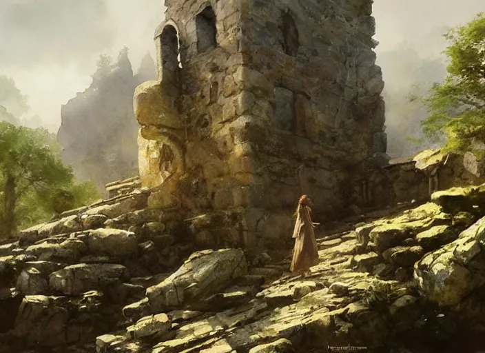 Prompt: watercolor painting of exploring rocky castle ruins, stone walls, very beautiful ambient lighting, sun rays, dust, art by anders zorn, wonderful masterpiece by greg rutkowski, cinematic light, american romanticism by greg manchess, creation by tyler edlin