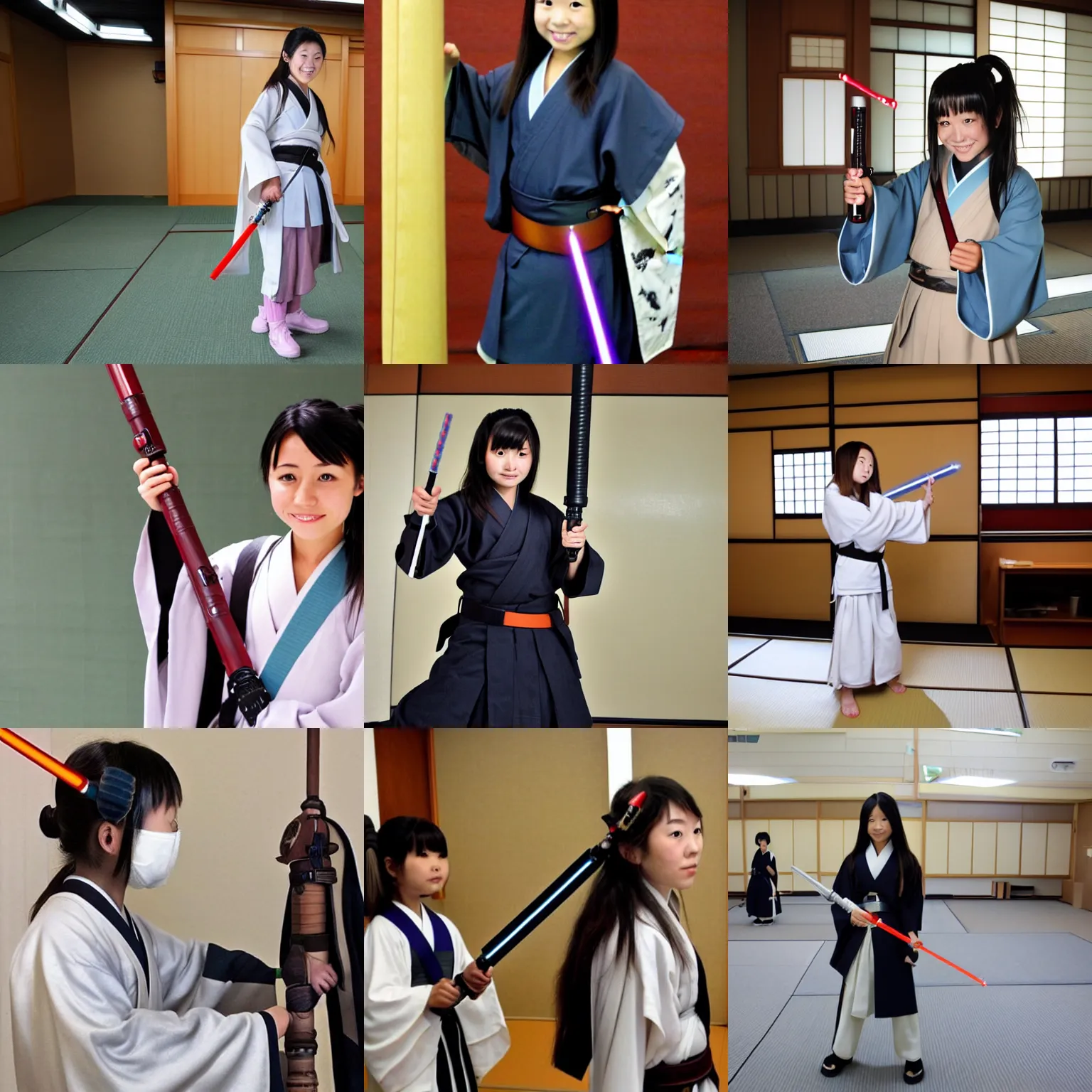 Prompt: A Japanese schoolgirl as a Jedi Knight, wearing Jedi robes, with a lightsaber on her belt, in a Japanese dojo