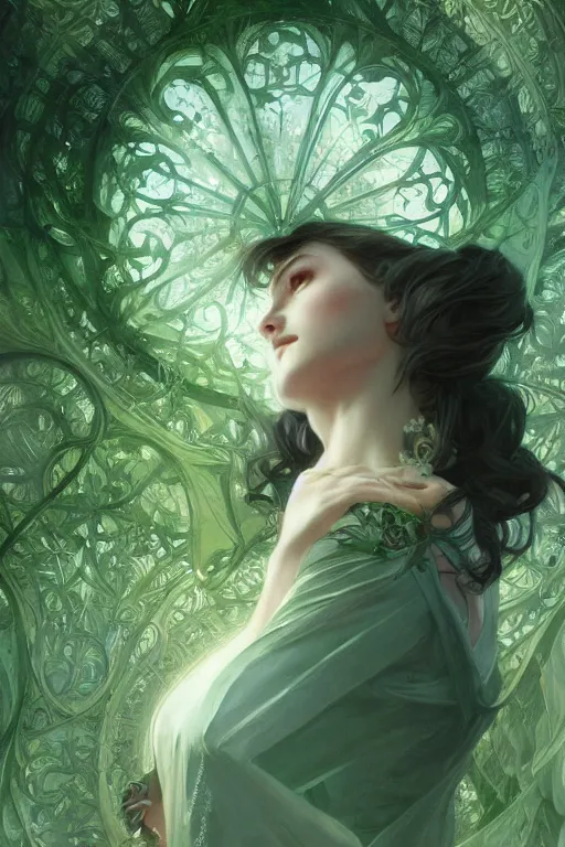 Prompt: perfect green, dreamy and ethereal,, fantasy, intricate, elegant, highly detailed, digital painting, artstation, concept art, smooth, sharp focus, illustration, art by artgerm and greg rutkowski and alphonse mucha