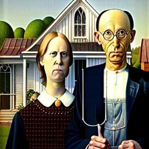 Image similar to fat orange tabby cat next curly haired man, american gothic by grant wood