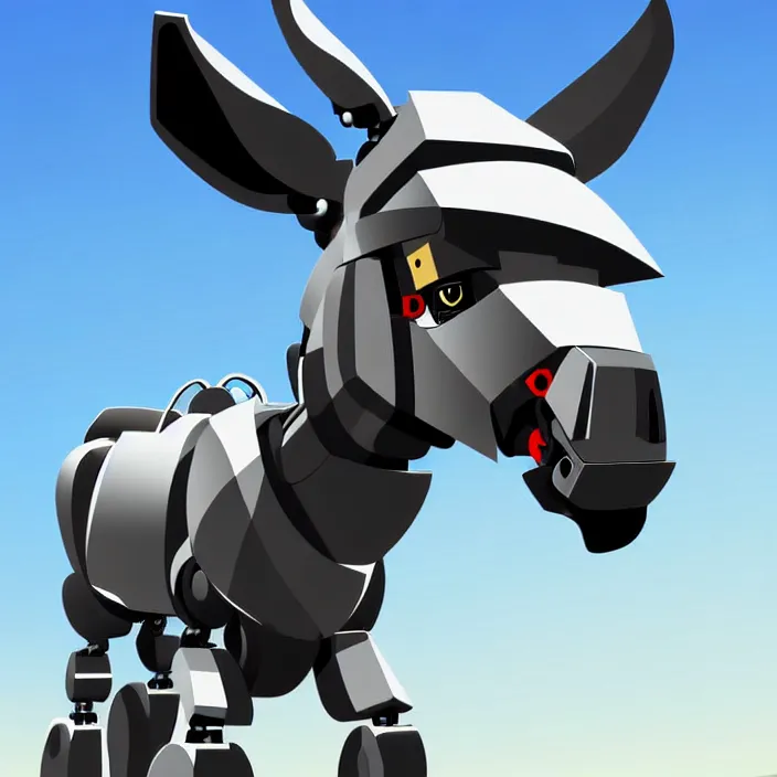 Image similar to evil robotic donkey is heroically looking into the camera blurry background 2 d digital vector art highly realistic highly detailed medium shot low angle