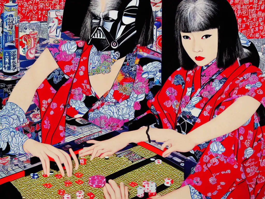 Image similar to hyperrealism composition of the detailed woman in a japanese kimono sitting at an extremely detailed poker table with darth vader, fireworks and folding screen on the background, pop - art style, jacky tsai style, andy warhol style, acrylic on canvas