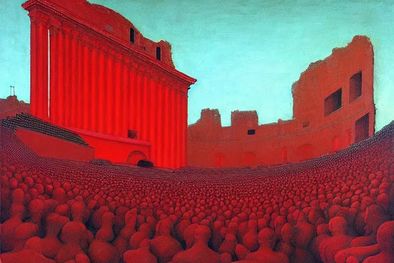 Image similar to only with red, a red melted emperor, taormina amphitheatre, crowd hails him, in the style of beksinski, parts by edward hopper, parts by rodcenko, parts by yue minjun, intricate and epic composition, red by caravaggio, insanely quality, highly detailed, masterpiece, red light, artstation, 4 k