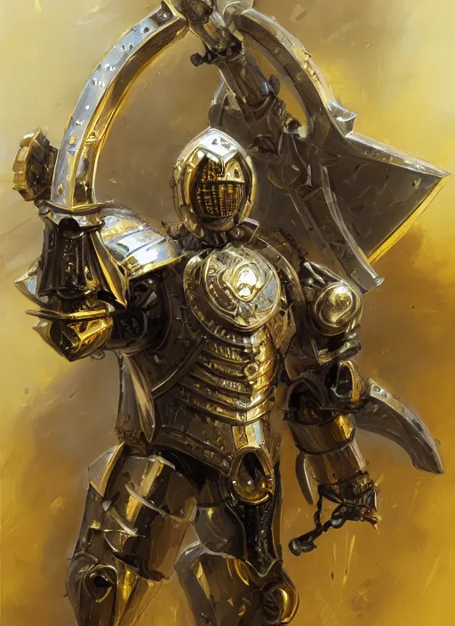 Image similar to dynamic portrait of a intricate glorious holy mechanical warforged character in yellow armor holding a paladin engraved great longsword and carrying a big paladin shield, spotlight from face , epic , trending on ArtStation, masterpiece, cinematic lighting, by Jesper Ejsing and by Yoann Lossel and by John Salminen