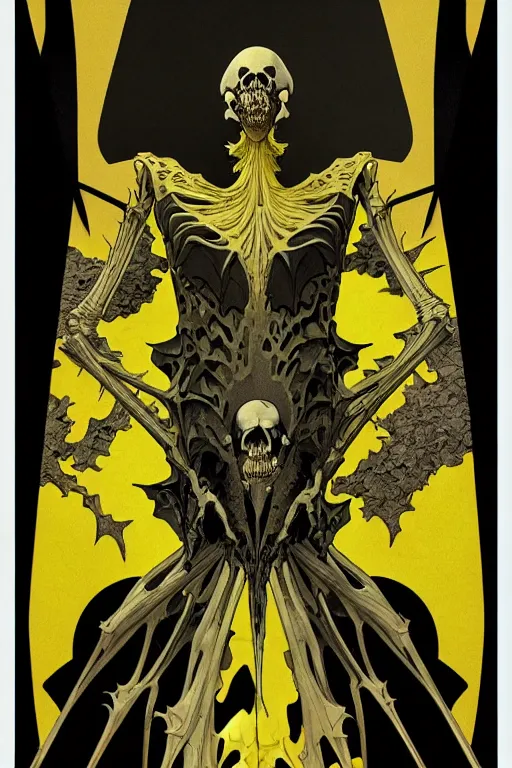 Image similar to black and yellow flat color, artgerm, joshua middleton, mucha, richard corben, wayne barlowe, moebius, heavy metal comic cover art, psychedelic triangular skeletal calcification fungus lich in darkiron spike armor, full body, hollow eyes, symmetrical face, long black crown, in a dungeon background, moody dark colors