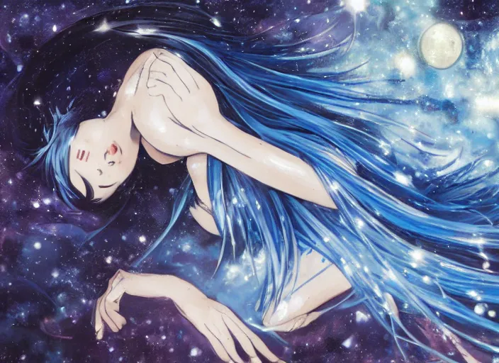 Image similar to a woman with blue hair laying on the ground with her head down, a detailed painting by rei kamoi, featured on pixiv, space art, official art, anime, toonami