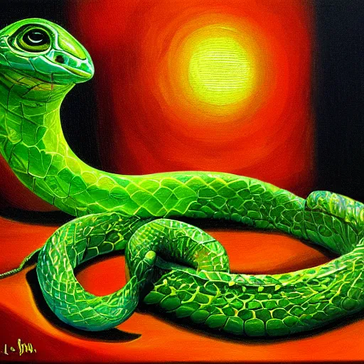 Image similar to 🐍🎧☢, oil painting