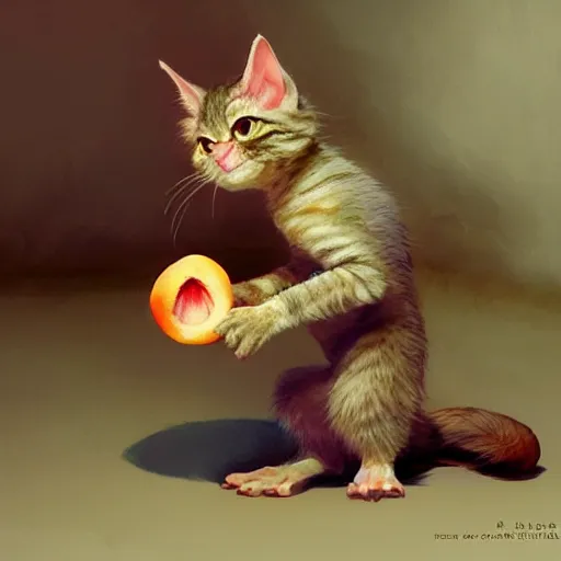 Image similar to An adorable gremlin cat stealing a peach, by Stanley Artgerm Lau, WLOP, Rossdraws, James Jean, Andrei Riabovitchev, Marc Simonetti, and Greg Rutkowski, trending on artstation