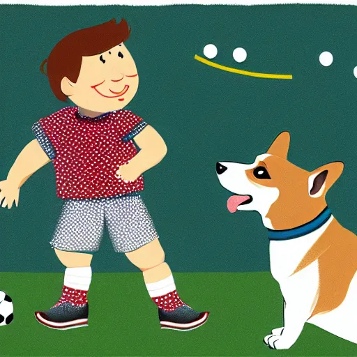 Image similar to illustration of french boy in paris playing football against a corgi, the dog is wearing a polka dot scarf