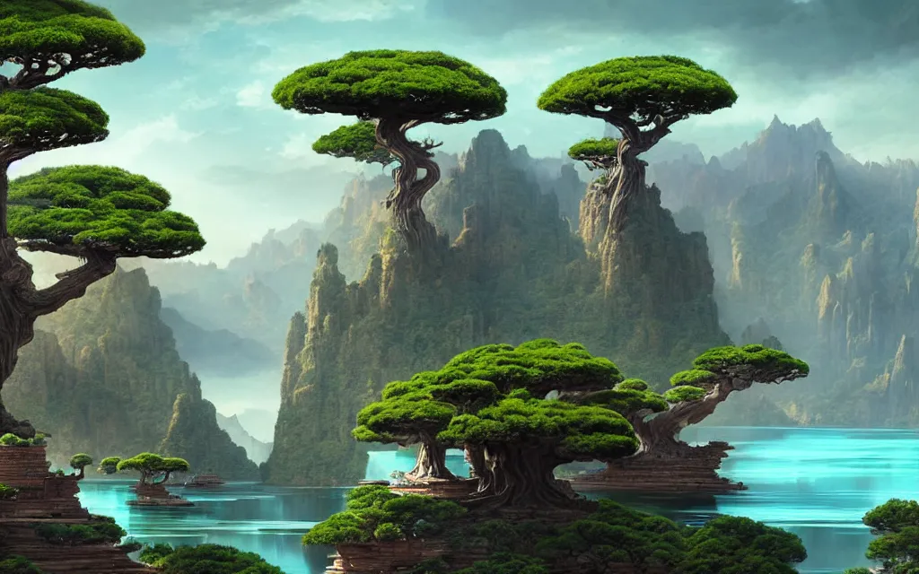 Prompt: a beautiful highly detailed matte painting of an alien planet with giant bonsai trees with a lake surrounded by a canyon and ruins. by dylan cole concept art