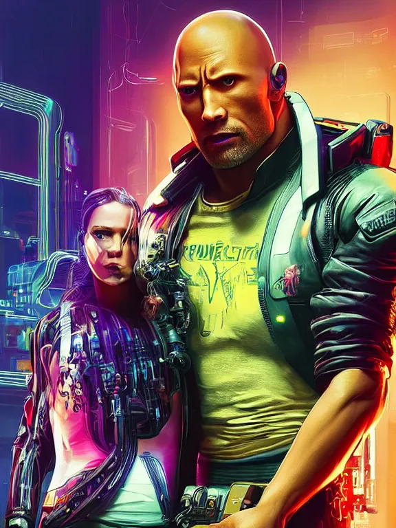 Image similar to a cyberpunk 2077 portrait of Dwayne Johnson holding a female android with couple pose,complex mess of cables and wires behind them connected to giant computer, love moive,film lighting, by laurie greasley,Lawrence Alma-Tadema,William Morris,Dan Mumford, trending on atrstation, full of color,face enhance,sharp focus, highly detailed,8K, octane,golden ratio,cinematic lighting