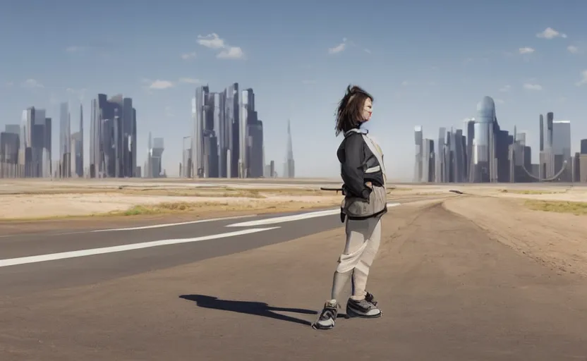 Prompt: photograph of a cell-shaded Honda EK9 Type-R, a techwear woman standing looking off into the distance, on a desert road with a futuristic city in the horizon, one point perspective, 1-point perspective, tilt shift, sigma 85mm f/1.4, 4k, depth of field, high resolution, 4k, 8k, hd, full color, octane render