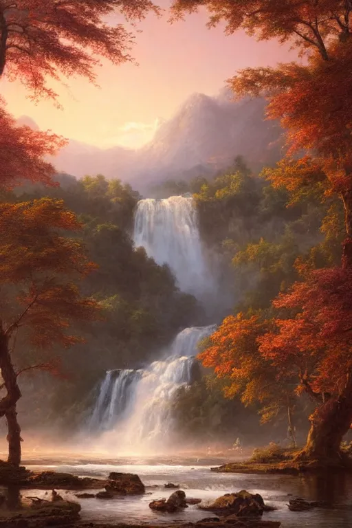 Image similar to the most beautiful panoramic landscape, oil painting, where a giant dreamy waterfall creates a river, the trees around are starting to bloom in pink color, a majestic deer is drinking water from the river and a ray light of the sunset is brightening him, by greg rutkowski