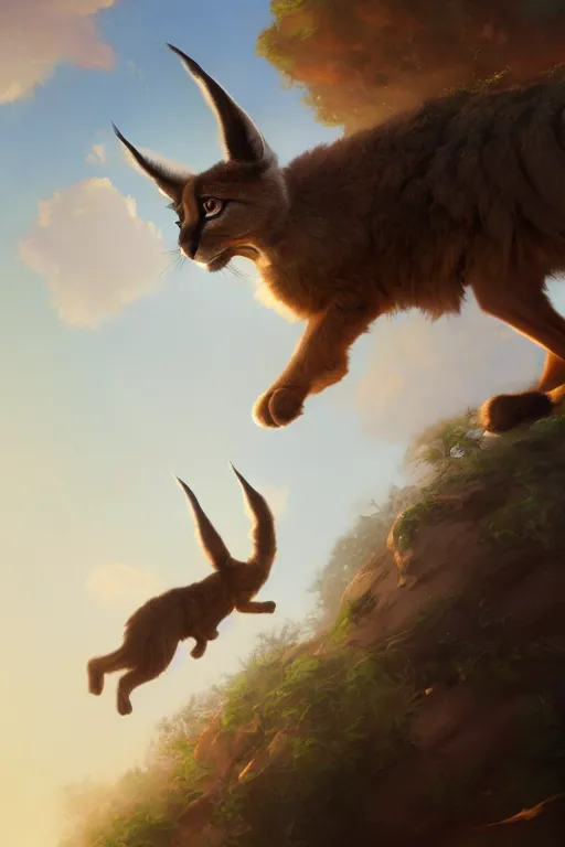 Prompt: cute fluffy caracal flying up on the victorian city, extremely detailed digital painting, in the style of fenghua zhong and ruan jia and jeremy lipking and peter mohrbacher, mystical colors, rim light, beautiful lighting, 8 k, stunning scene, raytracing, octane, trending on artstation