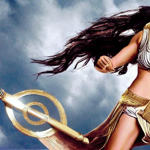 Image similar to the greek goddess athena in battle, scene from live action movie, starring megan fox