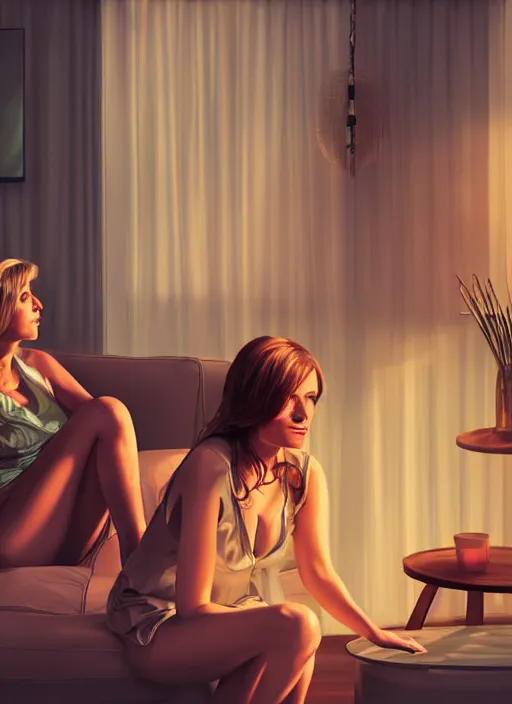 Image similar to two beautiful housewives in the living room on a hot summer evening, gorgeous faces, thick lines, cinematic lighting, detailed photorealistic digital art